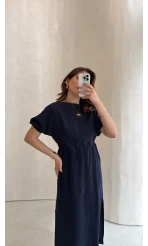 Balon Kol Yırtmaçlı Beli Pileli Pamuk Kumaş Elbise - Lacivert - Kod: 060