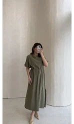 Balon Kol Yırtmaçlı Beli Pileli Pamuk Kumaş Elbise - Haki - Kod: 060