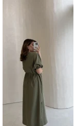 Balon Kol Yırtmaçlı Beli Pileli Pamuk Kumaş Elbise - Haki - Kod: 060