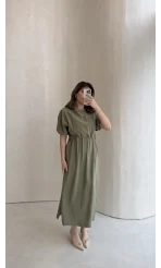 Balon Kol Yırtmaçlı Beli Pileli Pamuk Kumaş Elbise - Haki - Kod: 060