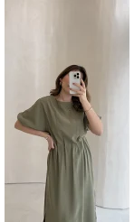 Balon Kol Yırtmaçlı Beli Pileli Pamuk Kumaş Elbise - Haki - Kod: 060