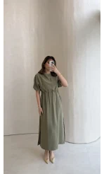 Balon Kol Yırtmaçlı Beli Pileli Pamuk Kumaş Elbise - Haki - Kod: 060