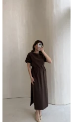 Balon Kol Yırtmaçlı Beli Pileli Pamuk Kumaş Elbise - Kahve - Kod: 060