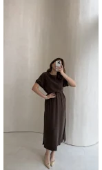 Balon Kol Yırtmaçlı Beli Pileli Pamuk Kumaş Elbise - Kahve - Kod: 060