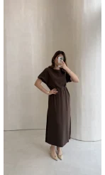 Balon Kol Yırtmaçlı Beli Pileli Pamuk Kumaş Elbise - Kahve - Kod: 060