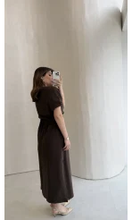 Balon Kol Yırtmaçlı Beli Pileli Pamuk Kumaş Elbise - Kahve - Kod: 060