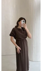 Balon Kol Yırtmaçlı Beli Pileli Pamuk Kumaş Elbise - Kahve - Kod: 060