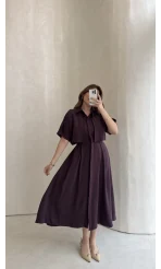 Kuşaklı Pelerinli Yarım Kol Elbise - Mürdüm - Kod: 580903