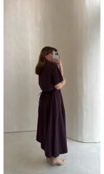Kuşaklı Pelerinli Yarım Kol Elbise - Mürdüm - Kod: 580903