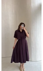 Kuşaklı Pelerinli Yarım Kol Elbise - Mürdüm - Kod: 580903