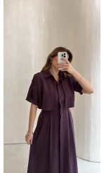 Kuşaklı Pelerinli Yarım Kol Elbise - Mürdüm - Kod: 580903