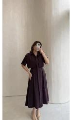 Kuşaklı Pelerinli Yarım Kol Elbise - Mürdüm - Kod: 580903