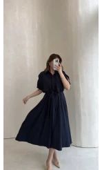 Kuşaklı Pelerinli Yarım Kol Elbise - Lacivert - Kod: 580903