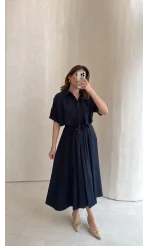 Kuşaklı Pelerinli Yarım Kol Elbise - Lacivert - Kod: 580903