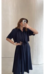 Kuşaklı Pelerinli Yarım Kol Elbise - Lacivert - Kod: 580903