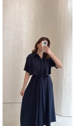 Kuşaklı Pelerinli Yarım Kol Elbise - Lacivert - Kod: 580903