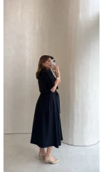 Kuşaklı Pelerinli Yarım Kol Elbise - Lacivert - Kod: 580903