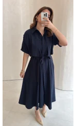 Kuşaklı Pelerinli Yarım Kol Elbise - Lacivert - Kod: 580903