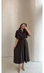 Kuşaklı Pelerinli Yarım Kol Elbise - Kahverengi - Kod: 580903