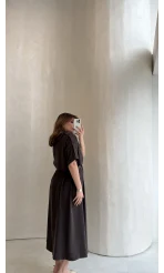 Kuşaklı Pelerinli Yarım Kol Elbise - Kahverengi - Kod: 580903