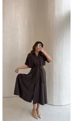 Kuşaklı Pelerinli Yarım Kol Elbise - Kahverengi - Kod: 580903