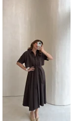 Kuşaklı Pelerinli Yarım Kol Elbise - Kahverengi - Kod: 580903