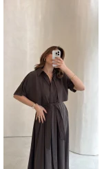 Kuşaklı Pelerinli Yarım Kol Elbise - Kahverengi - Kod: 580903