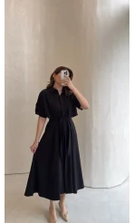 Kuşaklı Pelerinli Yarım Kol Elbise - Siyah - Kod: 580903