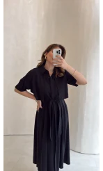 Kuşaklı Pelerinli Yarım Kol Elbise - Siyah - Kod: 580903