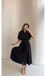 Kuşaklı Pelerinli Yarım Kol Elbise - Siyah - Kod: 580903