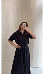 Kuşaklı Pelerinli Yarım Kol Elbise - Siyah - Kod: 580903