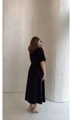 Kuşaklı Pelerinli Yarım Kol Elbise - Siyah - Kod: 580903