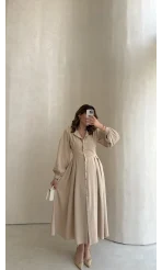 Naples Balon Kol Bel Detay Düğmeli Elbise - Taş - Kod: 4191