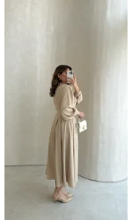 Naples Balon Kol Bel Detay Düğmeli Elbise - Taş - Kod: 4191