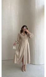 Naples Balon Kol Bel Detay Düğmeli Elbise - Taş - Kod: 4191