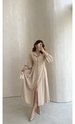 Naples Balon Kol Bel Detay Düğmeli Elbise - Taş - Kod: 4191