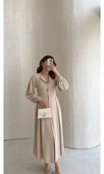 Naples Balon Kol Bel Detay Düğmeli Elbise - Taş - Kod: 4191