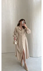 Naples Balon Kol Bel Detay Düğmeli Elbise - Taş - Kod: 4191