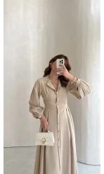 Naples Balon Kol Bel Detay Düğmeli Elbise - Taş - Kod: 4191