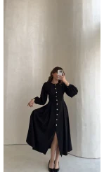 Naples Balon Kol Bel Detay Düğmeli Elbise - Siyah - Kod: 4191