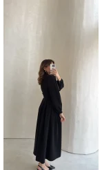 Naples Balon Kol Bel Detay Düğmeli Elbise - Siyah - Kod: 4191