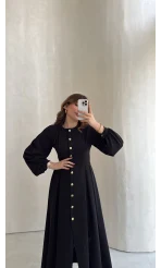 Naples Balon Kol Bel Detay Düğmeli Elbise - Siyah - Kod: 4191