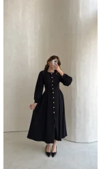 Naples Balon Kol Bel Detay Düğmeli Elbise - Siyah - Kod: 4191