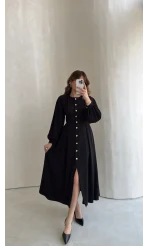 Naples Balon Kol Bel Detay Düğmeli Elbise - Siyah - Kod: 4191