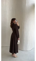 Naples Balon Kol Bel Detay Düğmeli Elbise - Kahverengi - Kod: 4191