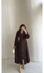 Naples Balon Kol Bel Detay Düğmeli Elbise - Kahverengi - Kod: 4191