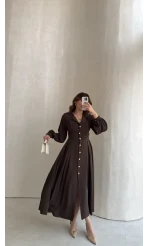 Naples Balon Kol Bel Detay Düğmeli Elbise - Kahverengi - Kod: 4191