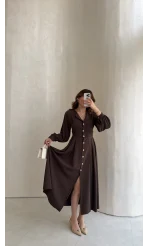 Naples Balon Kol Bel Detay Düğmeli Elbise - Kahverengi - Kod: 4191