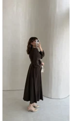 Naples Balon Kol Bel Detay Düğmeli Elbise - Kahverengi - Kod: 4191