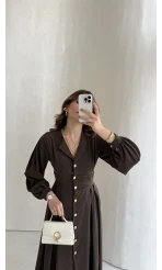 Naples Balon Kol Bel Detay Düğmeli Elbise - Kahverengi - Kod: 4191